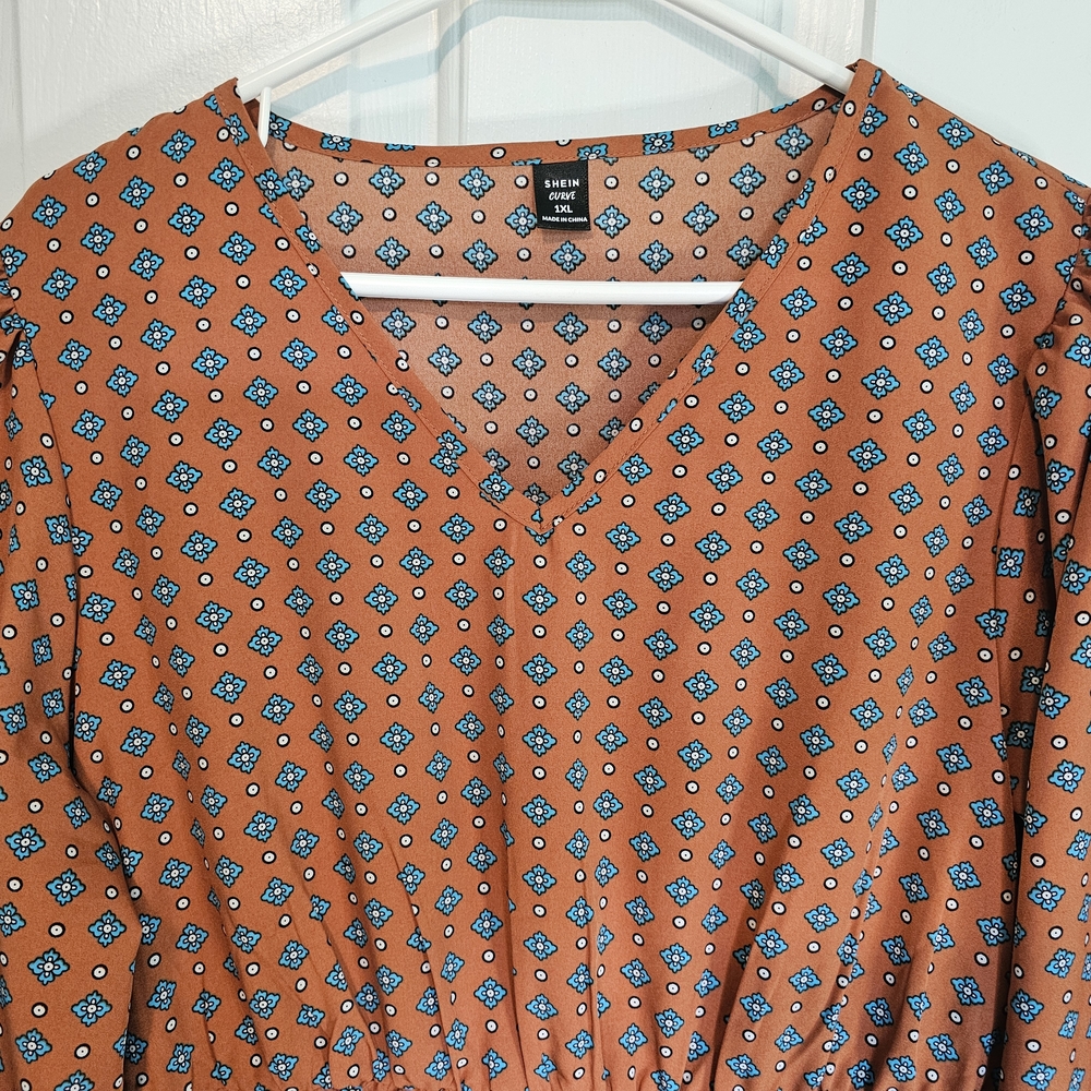 SHEIN Orange Geometric V-Neck Dress Women's Sz 1XL - Picture 3 of 15